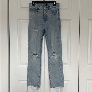 Express Women's Light Blue Distressed Straight Leg Jeans